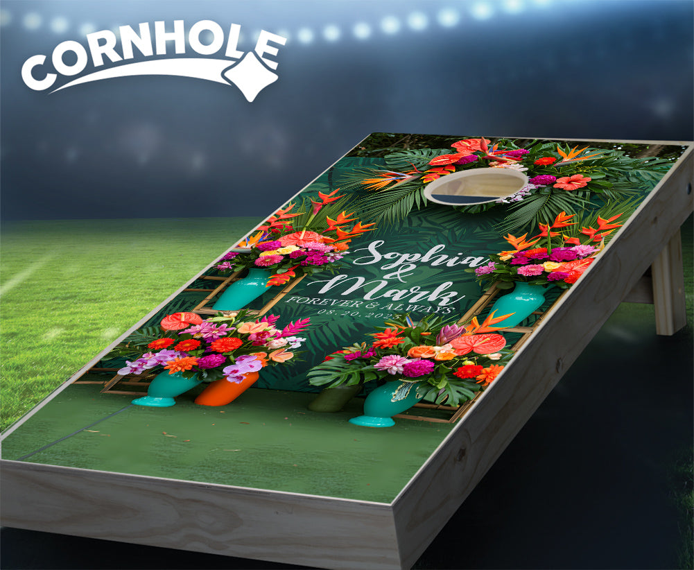 "Tropical Tressel Wedding" Cornhole Boards