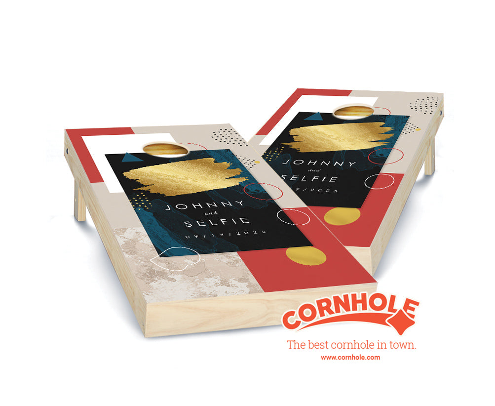 "Navy, Red & Gold Leaf Applique Wedding" Cornhole Boards