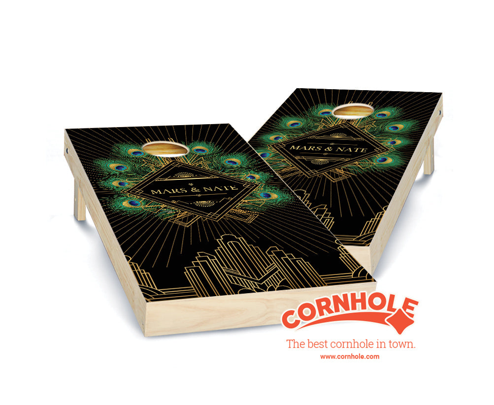 "Peacock Art Deco Wedding" Cornhole Boards