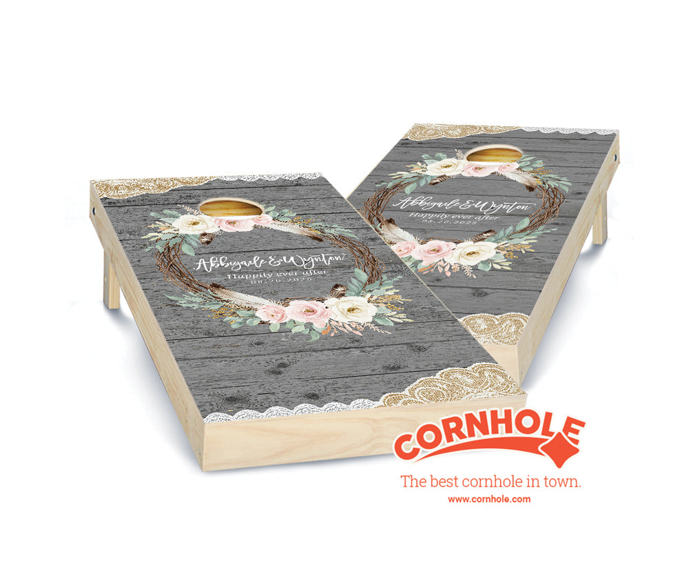 "Country Rustic Wreath Lace Wedding" Cornhole Boards