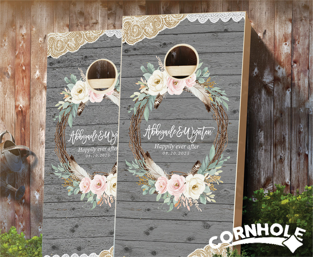 "Country Rustic Wreath Lace Wedding" Cornhole Boards