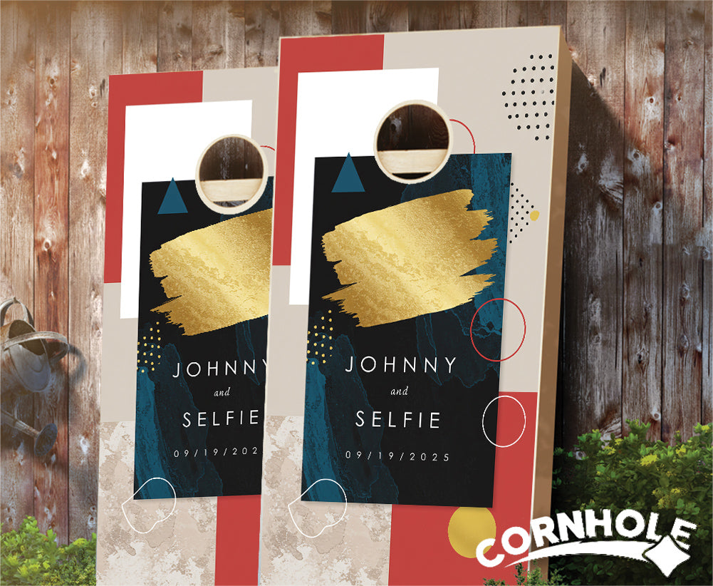 "Navy, Red & Gold Leaf Applique Wedding" Cornhole Boards