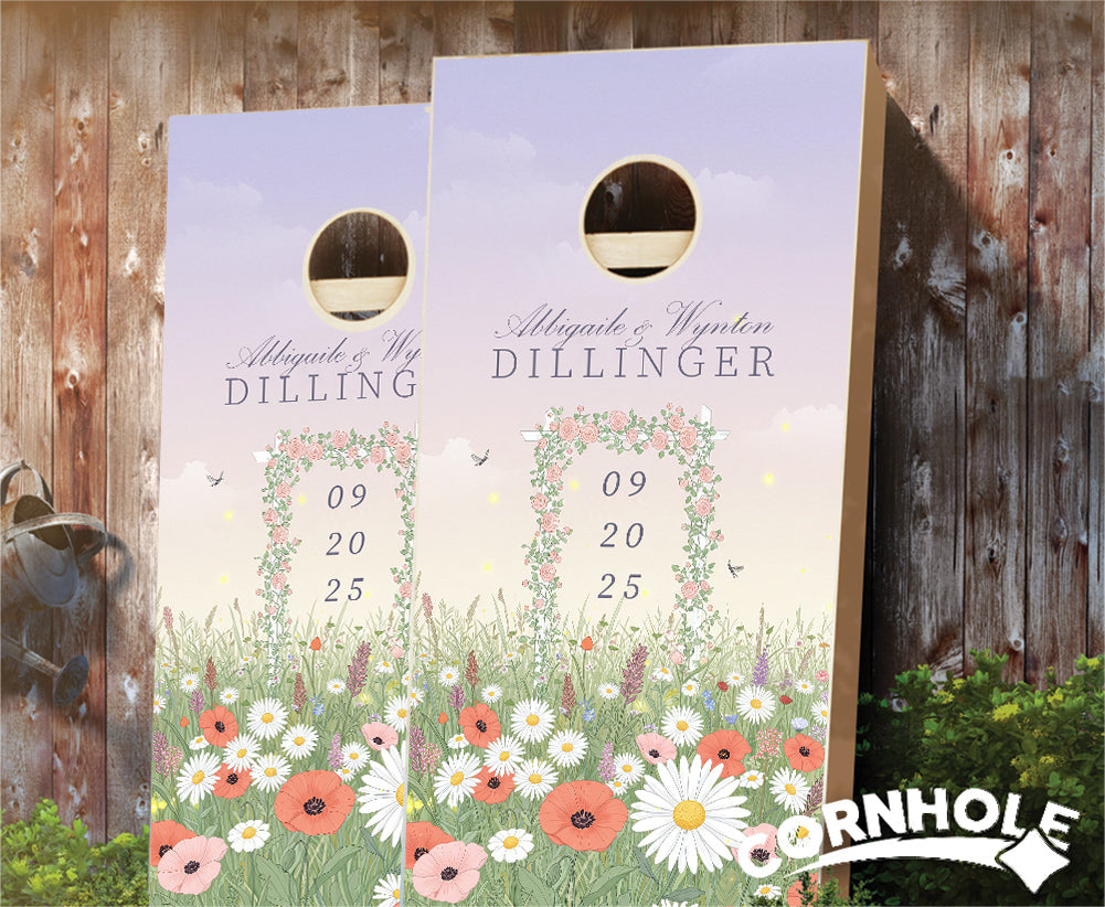 "Flower Field Trellis Wedding" Cornhole Boards