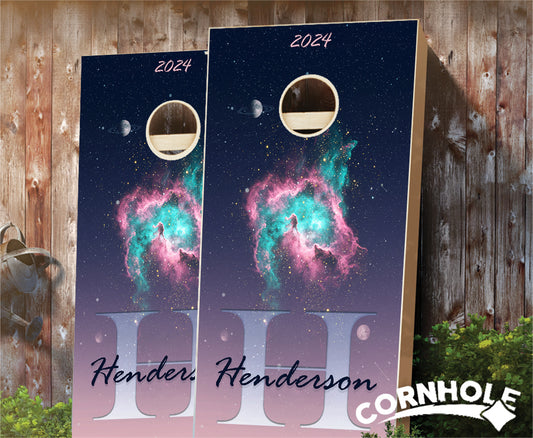 "Astral Galaxy - Pink & Turquoise" Cornhole Boards