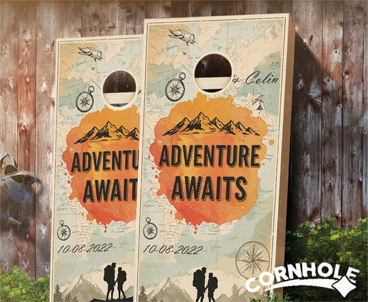 "Adventure Awaits - Us vs. the World" Cornhole Boards