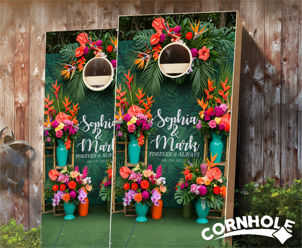 "Tropical Tressel Wedding" Cornhole Boards