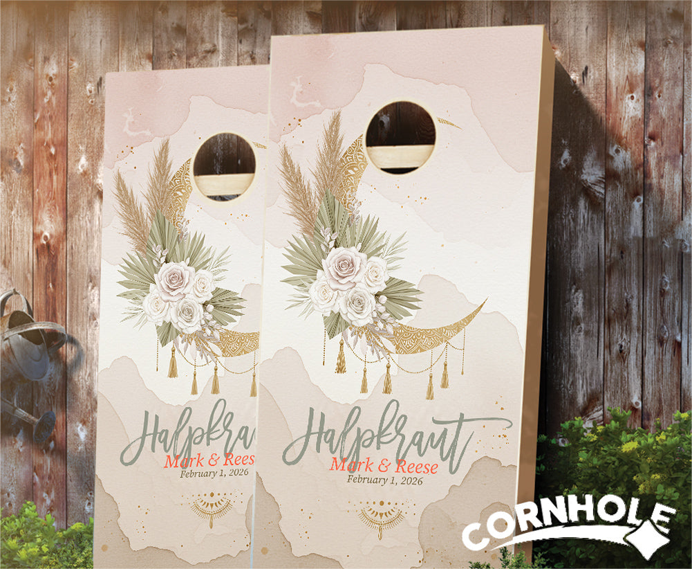 "Boho Wedding Moon Rose Sage" Cornhole Boards