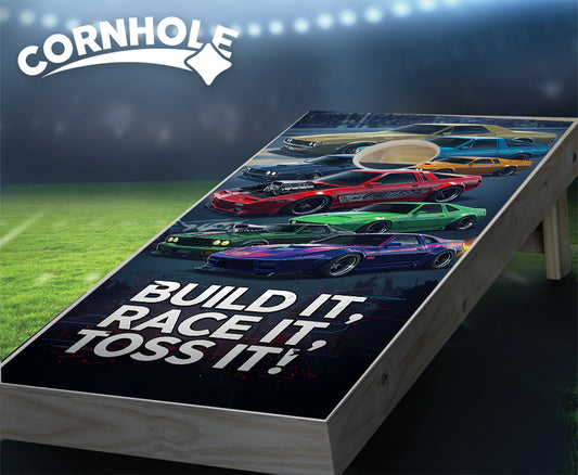 "Build It, Race It, Toss It - Muscle Car" Cornhole Boards