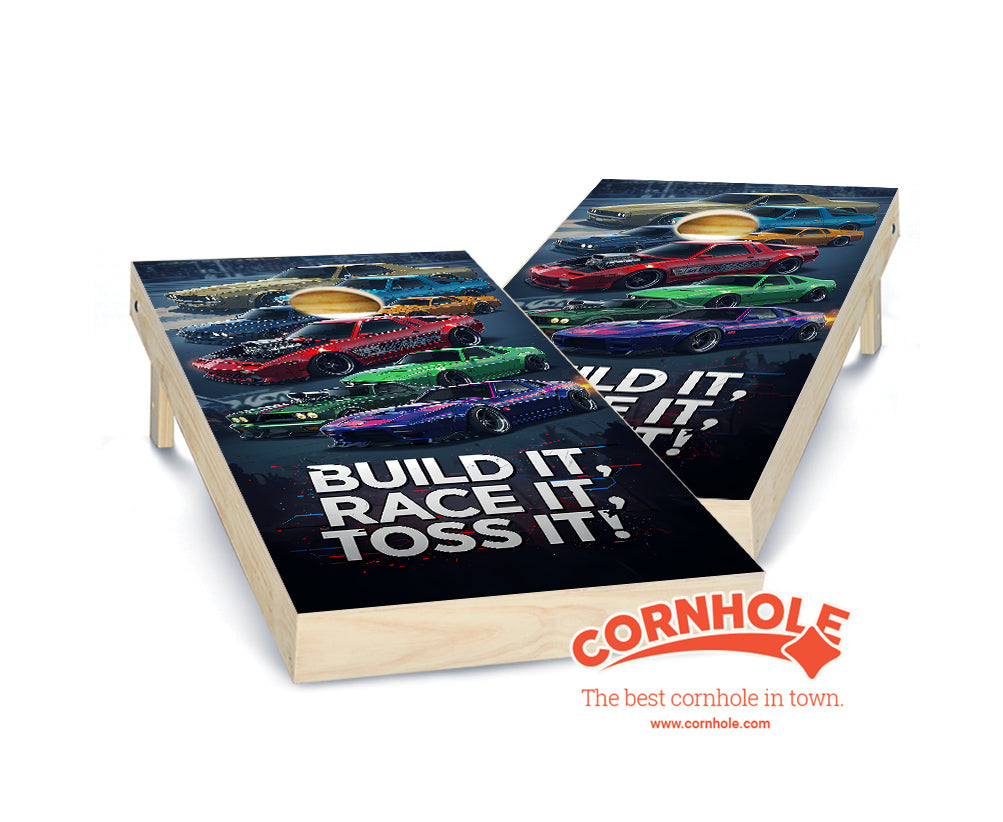 "Build It, Race It, Toss It - Muscle Car" Cornhole Boards