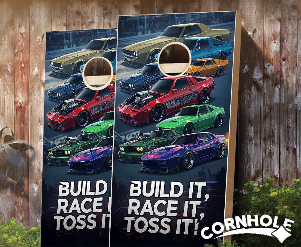 "Build It, Race It, Toss It - Muscle Car" Cornhole Boards