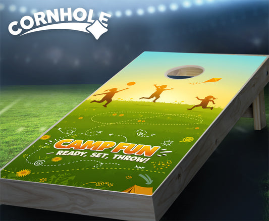 "Camp Fun - Ready, Set, Throw Playing Silhouettes" Cornhole Boards