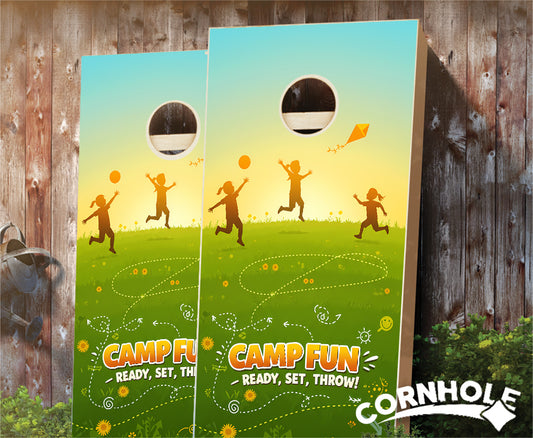 "Camp Fun - Ready, Set, Throw Playing Silhouettes" Cornhole Boards