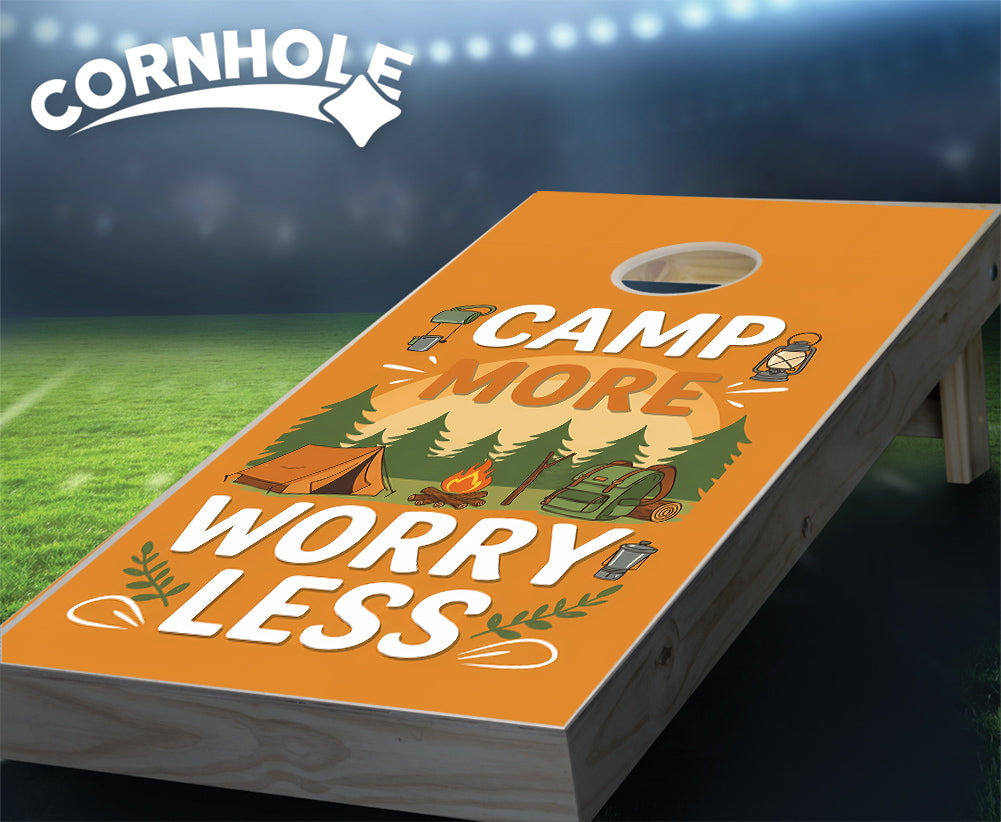 "Camp More, Worry Less - Orange Design" Cornhole Boards