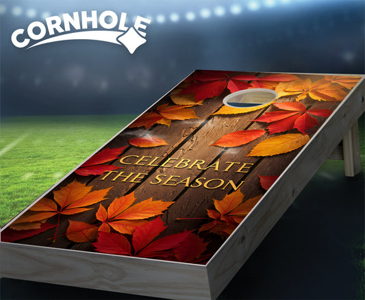 "Celebrate the Season - Fall Leaves on Wood Planks" Cornhole Boards