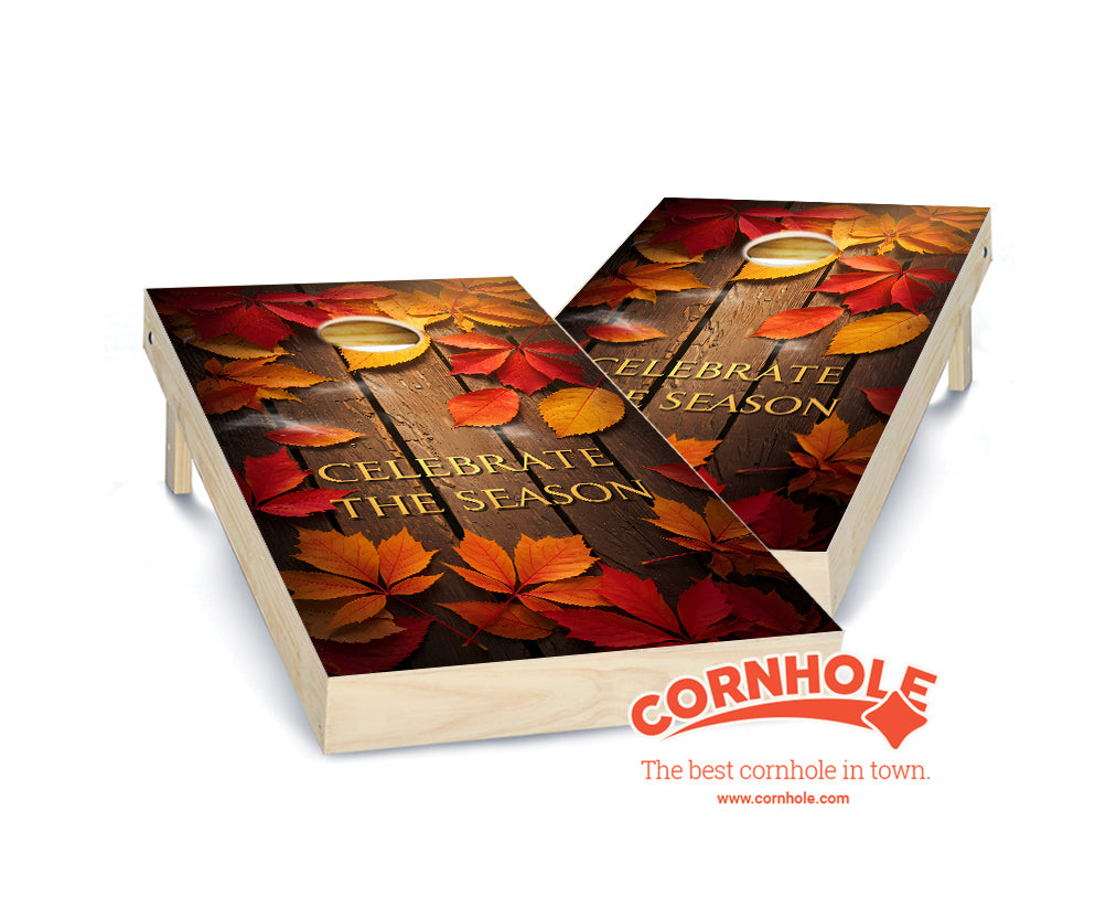 "Celebrate the Season - Fall Leaves on Wood Planks" Cornhole Boards