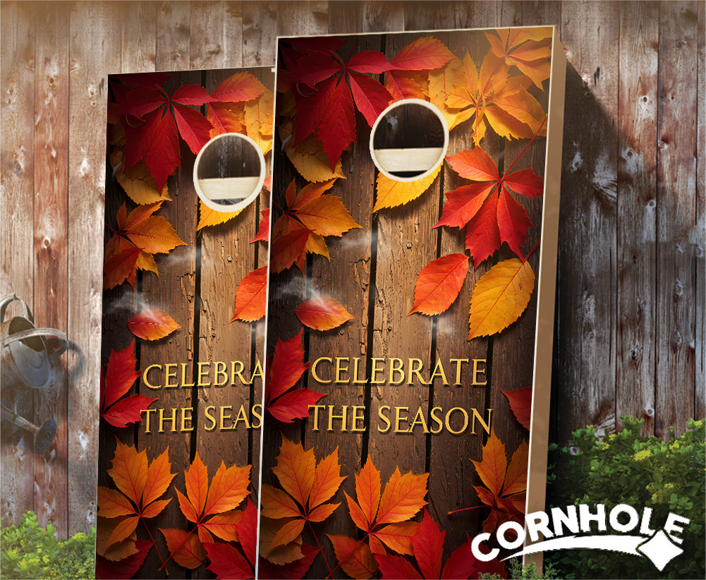 "Celebrate the Season - Fall Leaves on Wood Planks" Cornhole Boards