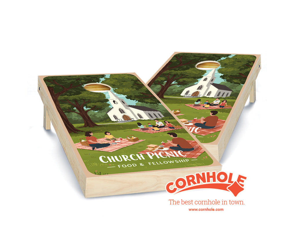 "Church Picnic Food & Fellowship" Cornhole Boards