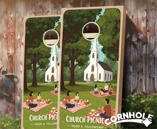 "Church Picnic Food & Fellowship" Cornhole Boards