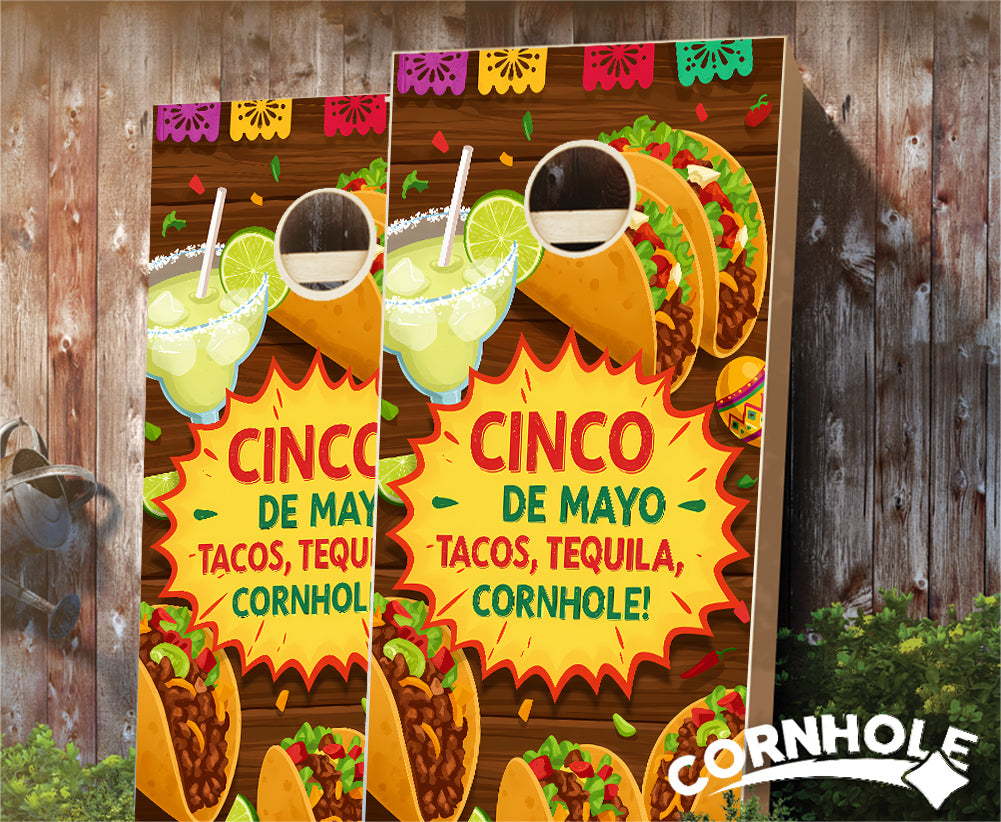 "Cinco de Mayo Tacos, Tequila, Cornhole" Cornhole Boards