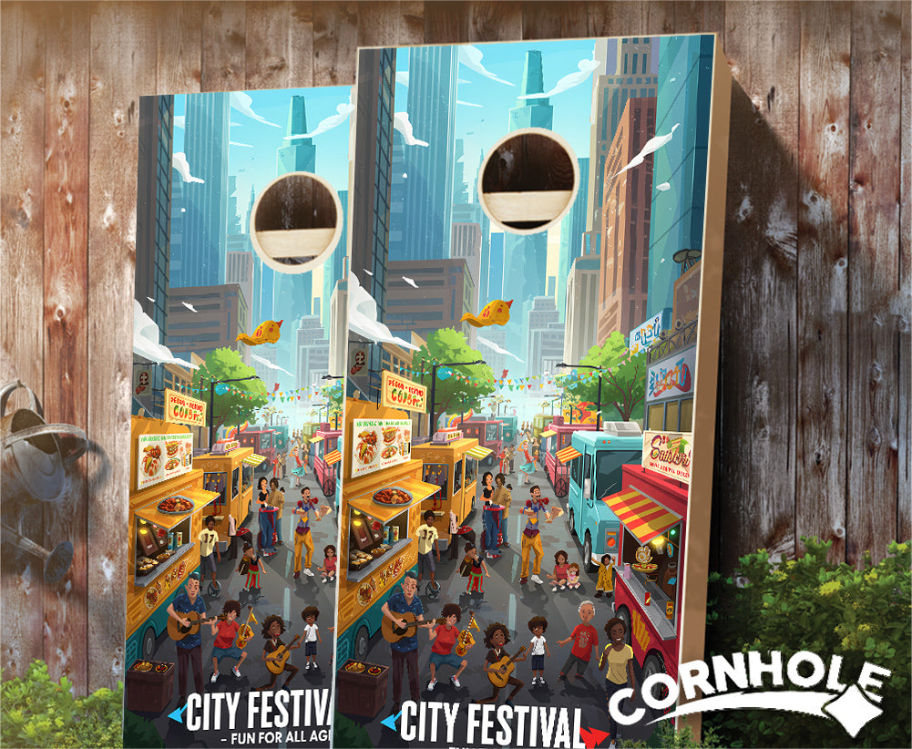 "City Festival Fun for All Ages - Skyscrapers & Foodtrucks" Cornhole Boards