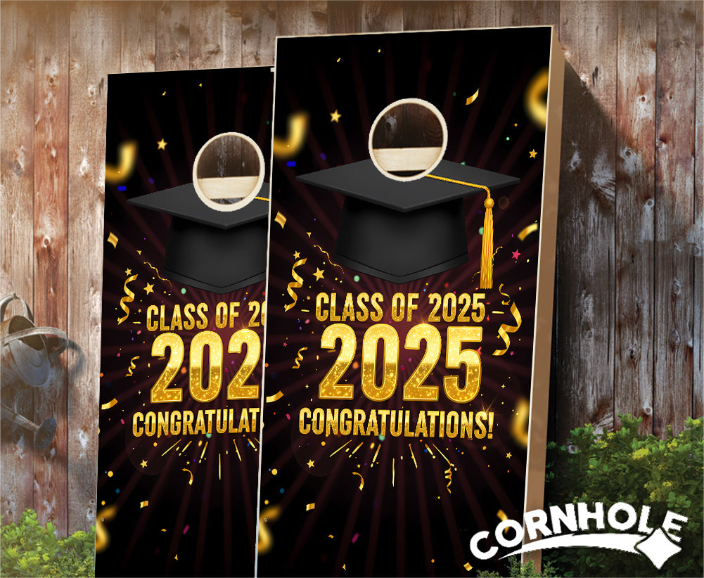 "Class of 2025 - Hat Confetti Black" Cornhole Boards