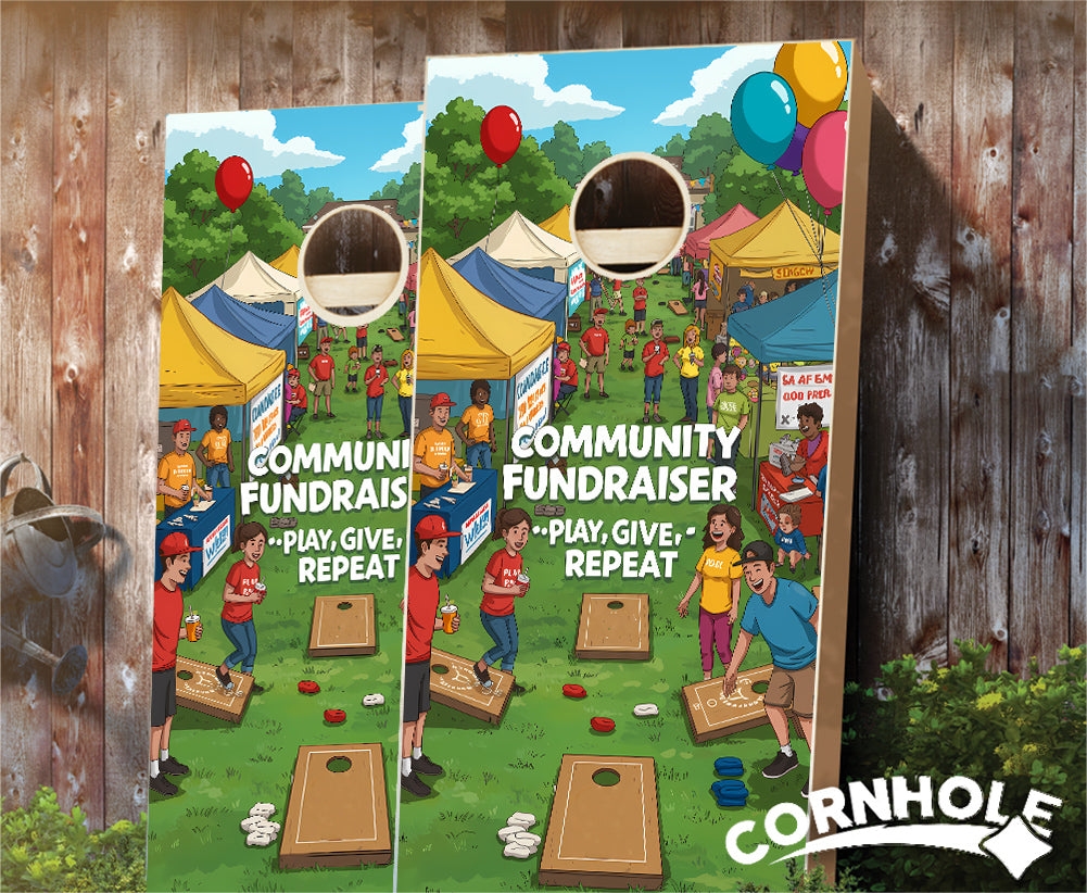 "Community Fundraiser - Play, Give, Repeat" Cornhole Boards