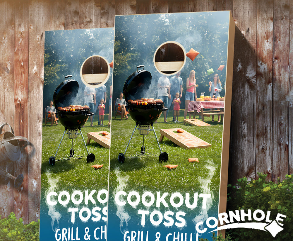 "Cookout - Toss, Grill & Chill" Cornhole Boards