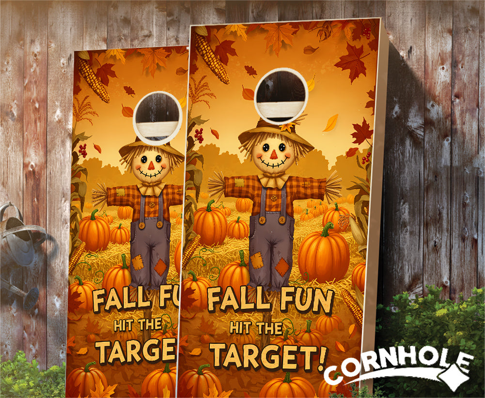 "Fall Fun - Hit the Target. Cute Scarecrow" Cornhole Boards