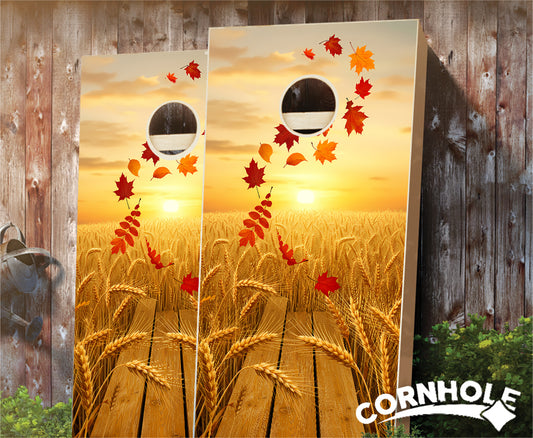 "Fall Leaves Wheat Field" Cornhole Boards