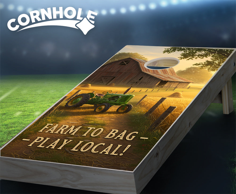 "Farm to Bag - Play Local. Tractor Dusk & Old Barn" Cornhole Boards