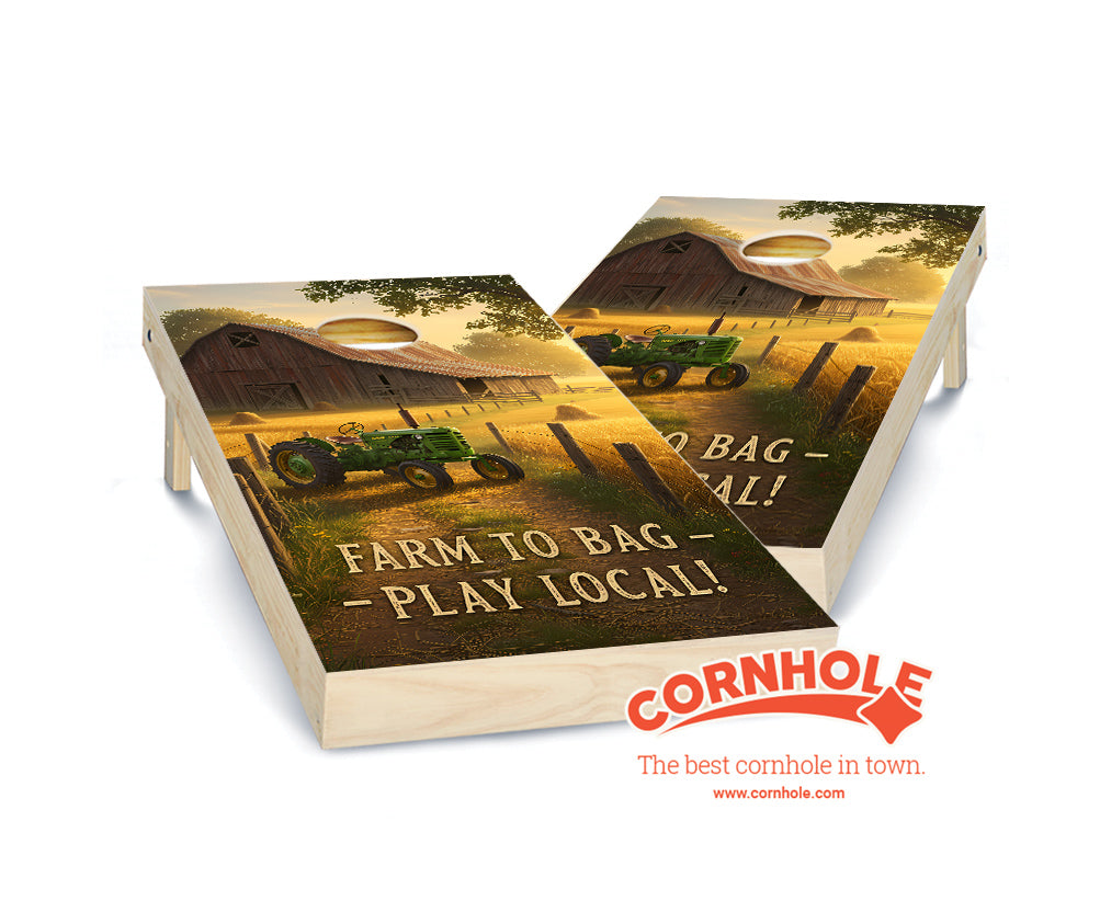 "Farm to Bag - Play Local. Tractor Dusk & Old Barn" Cornhole Boards