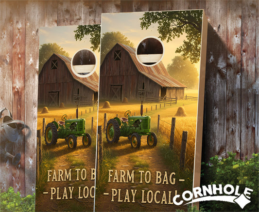 "Farm to Bag - Play Local. Tractor Dusk & Old Barn" Cornhole Boards