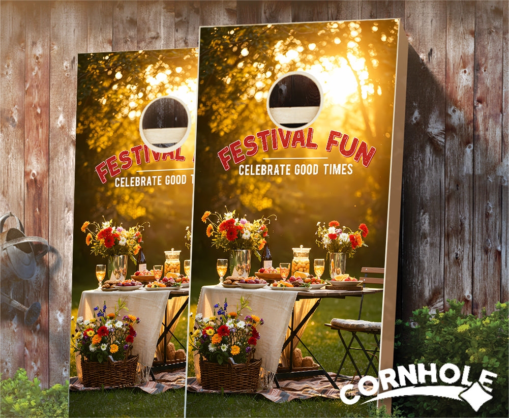 "Festival Fun - Celebrate Good Times. Elevated Outdoor Entertainment" Cornhole Boards