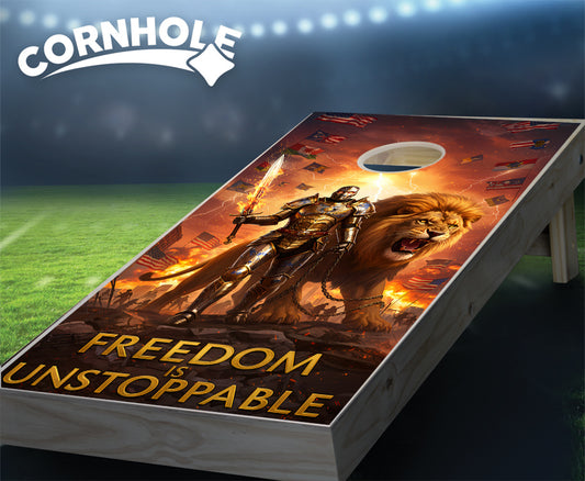 "Freedom in Unstoppable - World Flags. Knight & Lion" Cornhole Boards