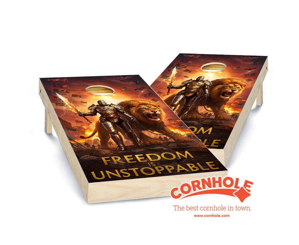 "Freedom in Unstoppable - World Flags. Knight & Lion" Cornhole Boards