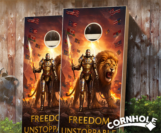 "Freedom in Unstoppable - World Flags. Knight & Lion" Cornhole Boards