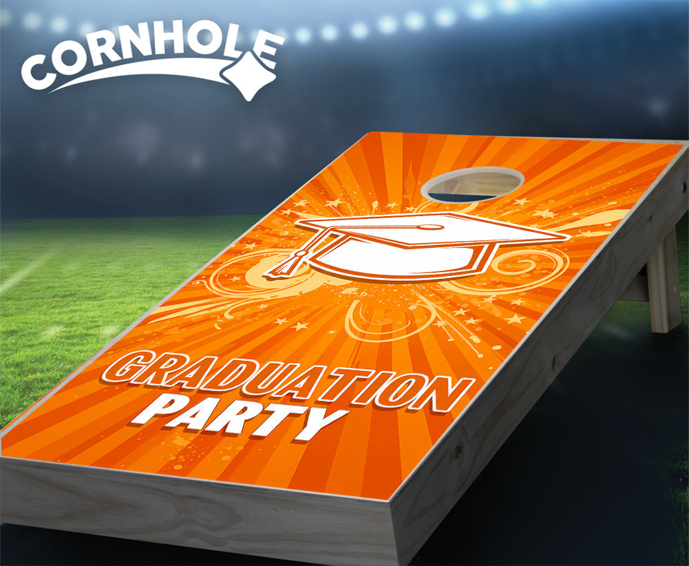 "Graduation Party - Orange & White" Cornhole Boards