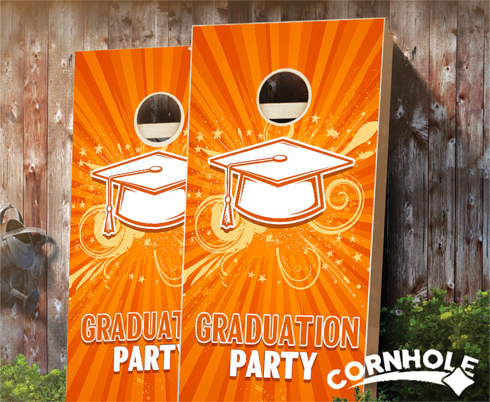 "Graduation Party - Orange & White" Cornhole Boards