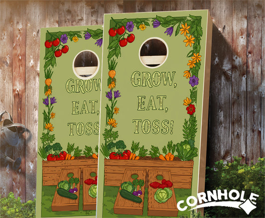 "Grow, Eat, Toss - Garden Vegetables" Cornhole Boards