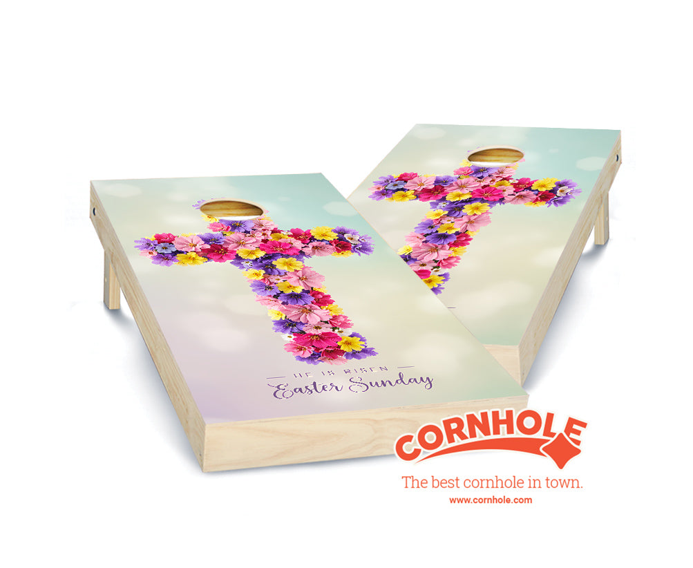 "He Is Risen - Easter Sunday Floral Crucifix" Cornhole Boards