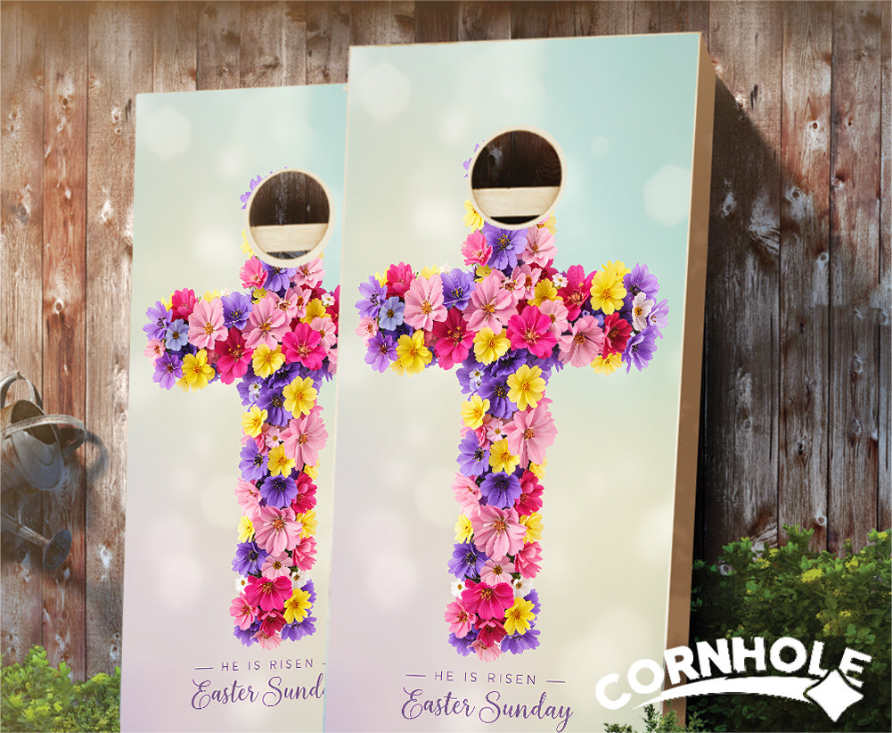 "He Is Risen - Easter Sunday Floral Crucifix" Cornhole Boards