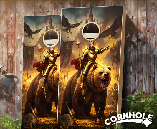 "King Arthur Riding a Bear & Eagles Flames" Cornhole Boards