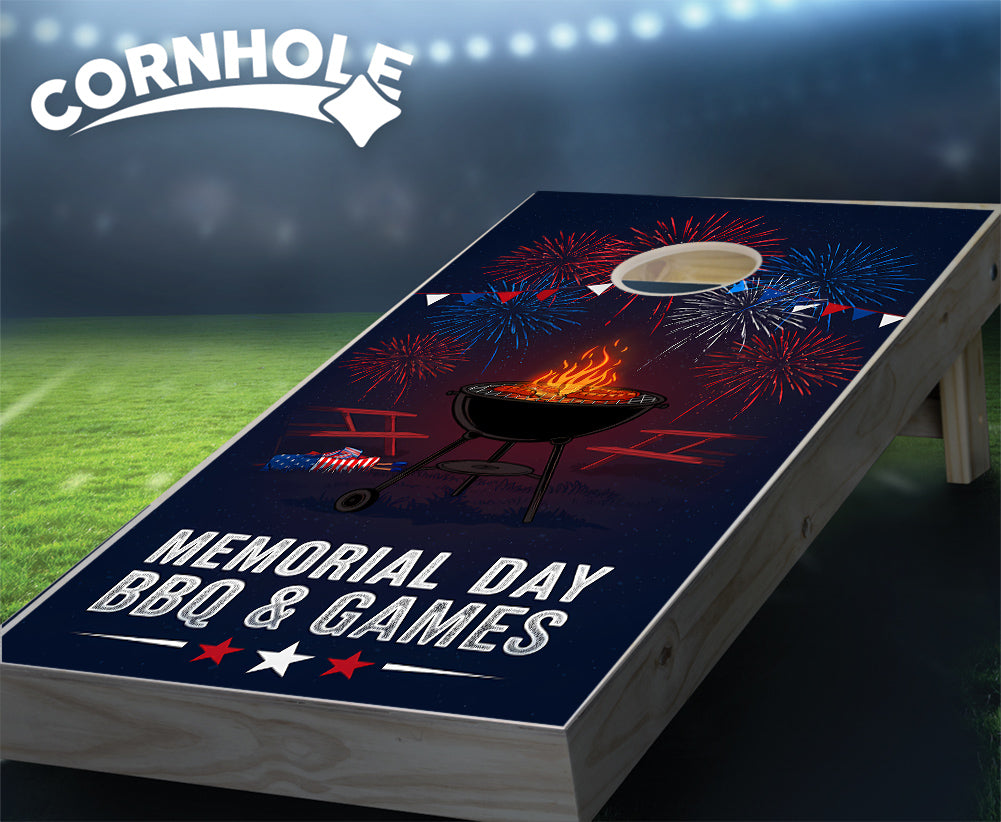 "Memorial Day BBQ & Games - Grill & Fireworks" Cornhole Boards