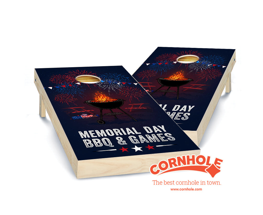 "Memorial Day BBQ & Games - Grill & Fireworks" Cornhole Boards