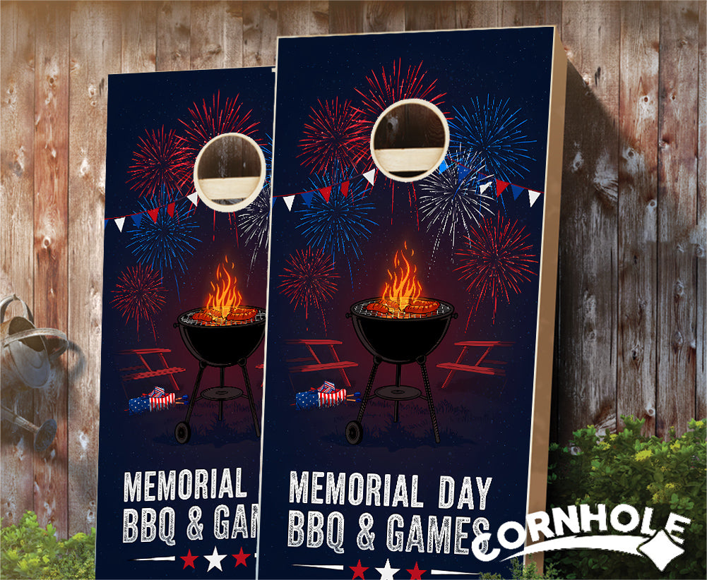 "Memorial Day BBQ & Games - Grill & Fireworks" Cornhole Boards