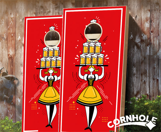 "Oktoberfest Bier Maedschen on Red Background" Cornhole Boards