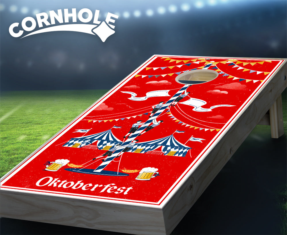 "Oktoberfest Climbing Pole on Red Background" Cornhole Boards