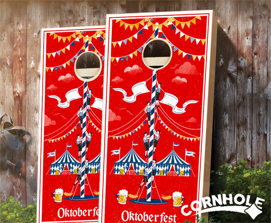 "Oktoberfest Climbing Pole on Red Background" Cornhole Boards