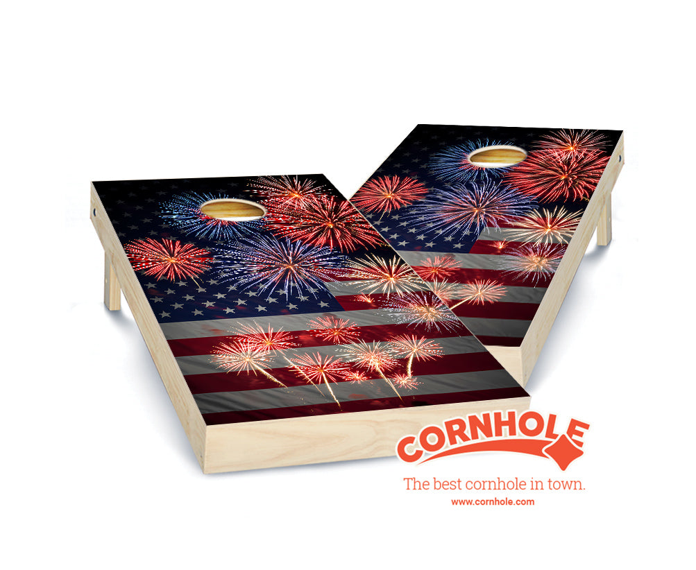 "Patriotic Flag & Fireworks" Cornhole Boards