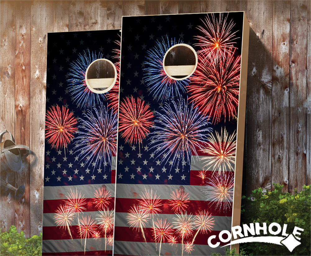 "Patriotic Flag & Fireworks" Cornhole Boards